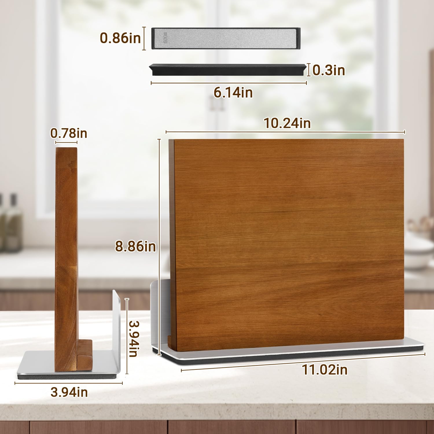 Magnetischer Messerblock aus Holz, 2-in-1, mit Schneidebrett-Gestell und Schärfer, Küchenmesserhalter, doppelseitig, stark magnetisch, magnetischer Messerhalter für Küchentheken