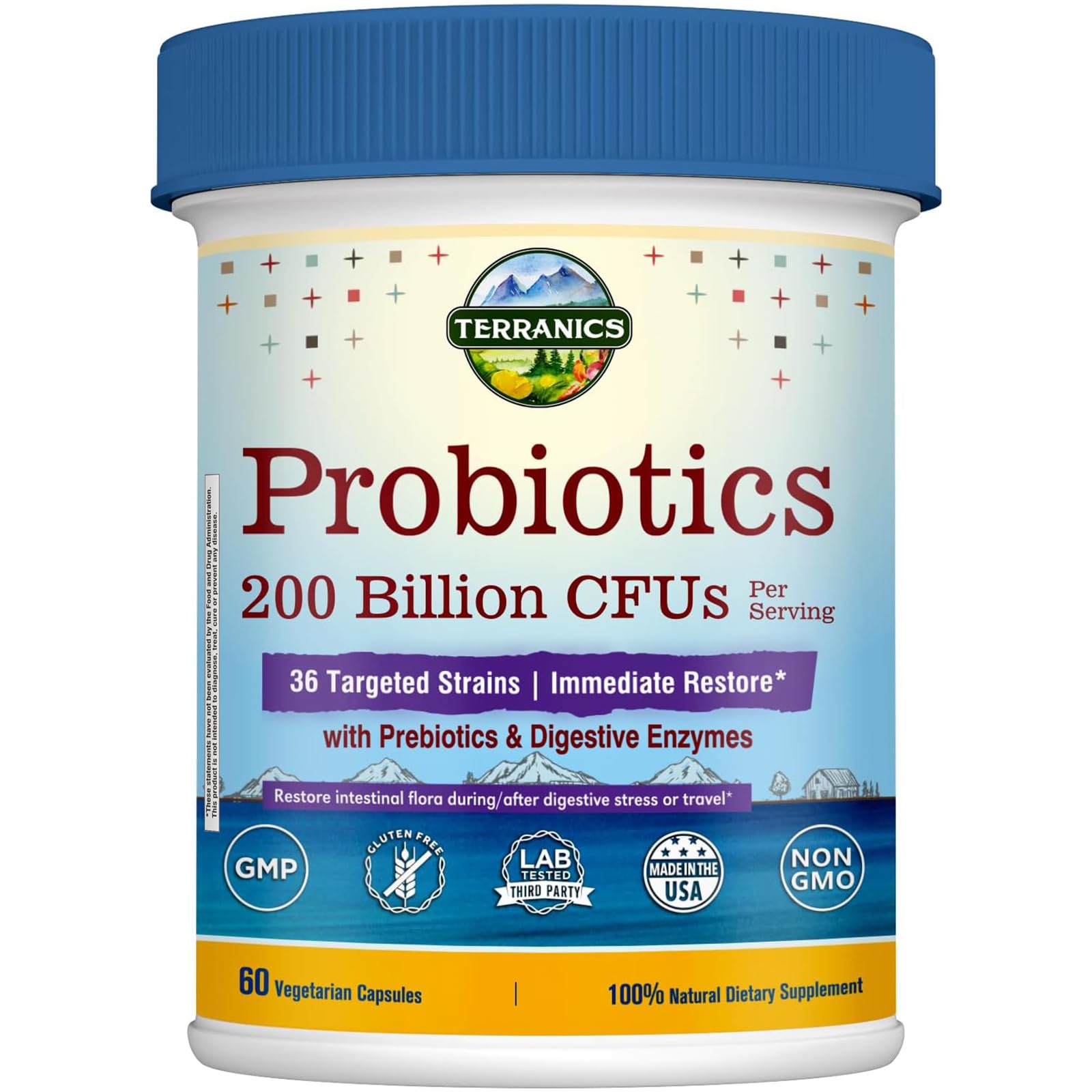 Terranics Daily Probiotics for Men & Women, 200 Billion 36 Strains Immediate Restore Probiotics, with Prebiotics & Enzymes, Healthy Regularity, Delayed Release, Shelf Stable, 60 Veggie Caps