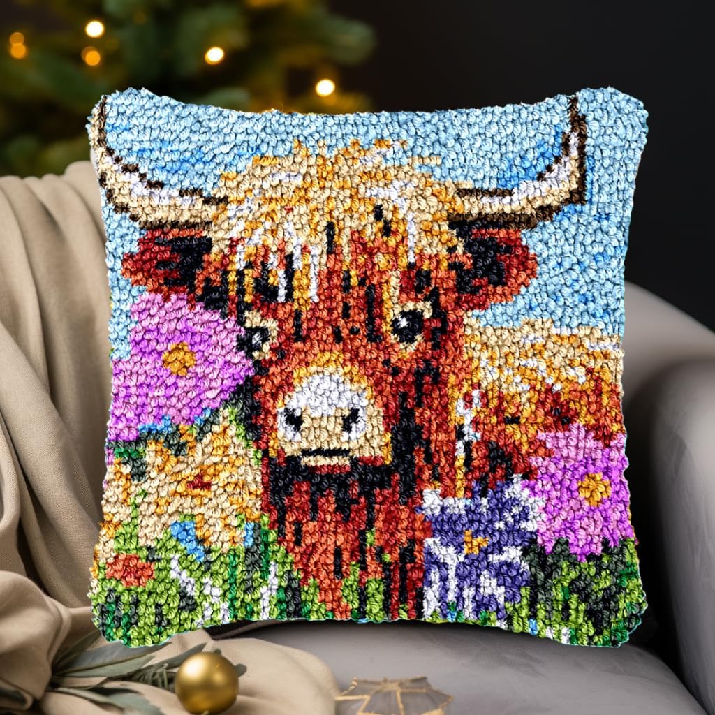 A Highland Cow and Wild Flowers Latch Hook Pillow Kits Printed Embroidery Pillowcase DIY Crochet Yarn Hooking Craft Rug Cushion for Home Christmas Decor and Gift 43x43cm(3)