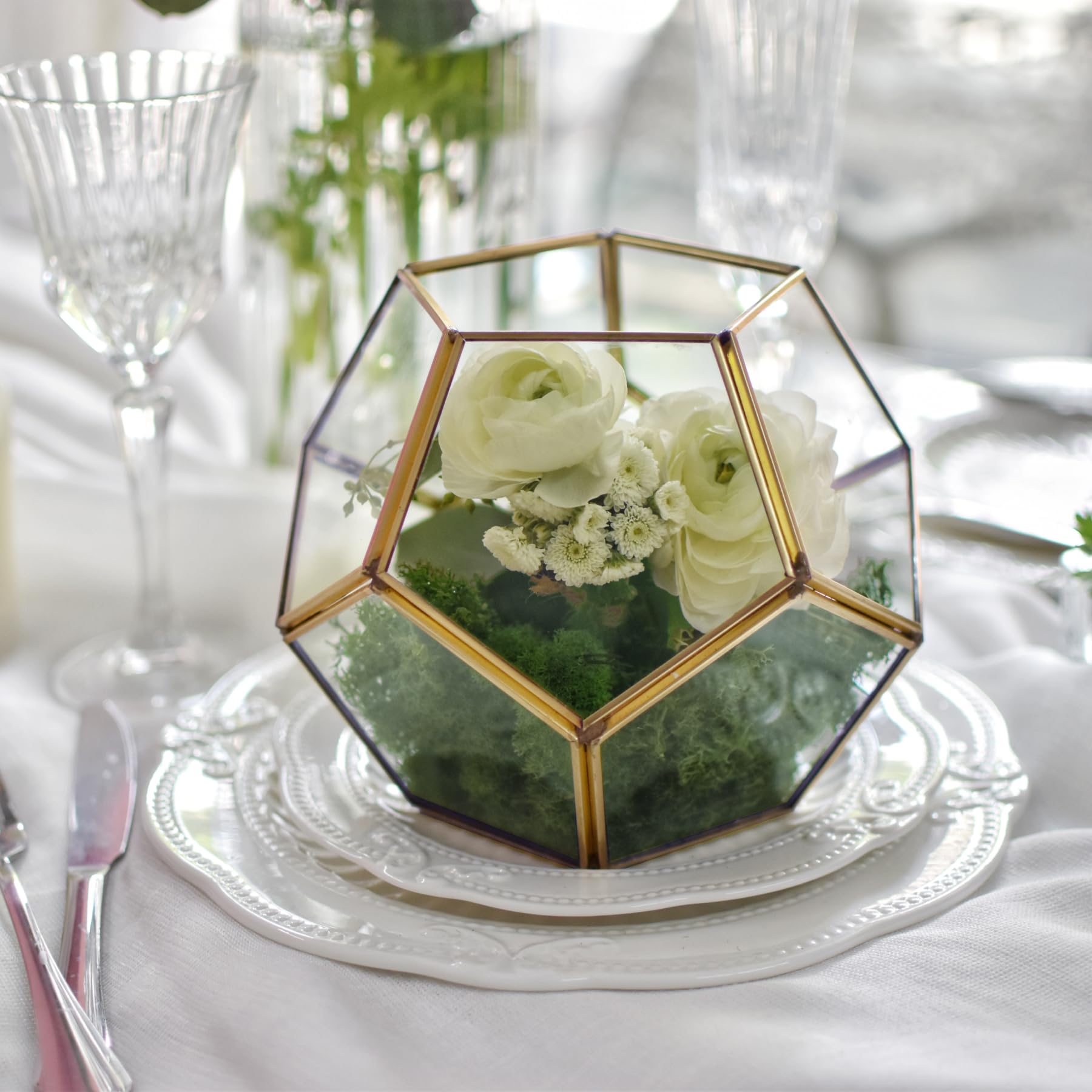 NCYP Terrarium en Forme de dodécaèdre et plaques de Verre pentagonales pour Plante Transparent Gold Copper Transparent (Pas de Plantes)