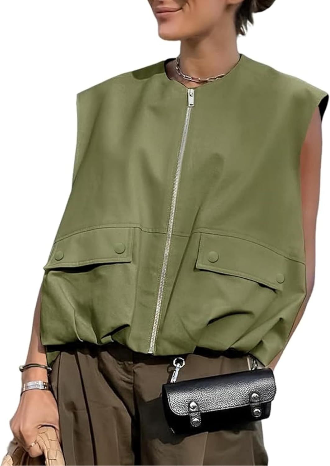 Womens Casual Zip Up Cargo Vest Top Oversized Lightweight Ruched Hem Sleeveless Blazer Jackets Vest Tops - Image 3