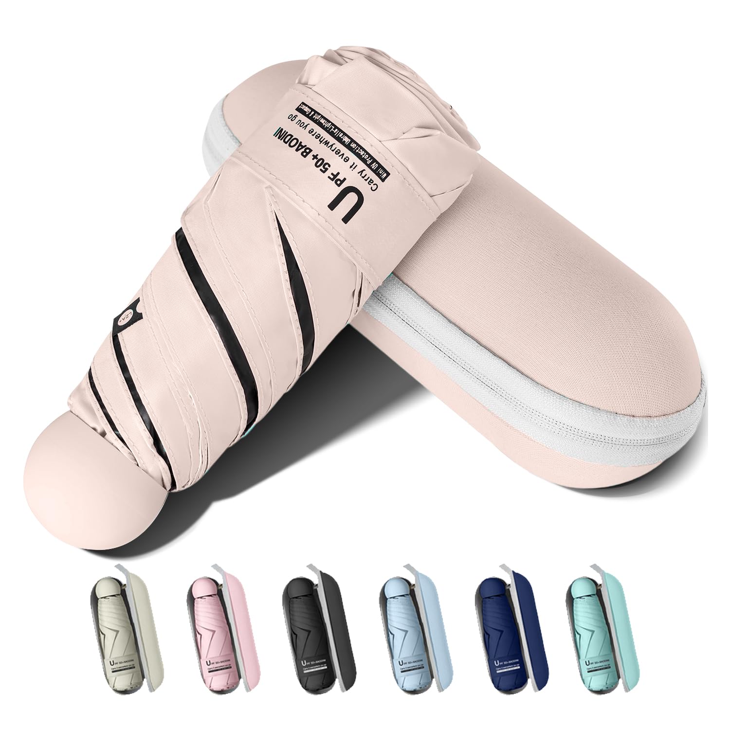 BAODINI Ombrello mini per borsa con custodia, protezione solare UV, leggero, piccola tasca, apertura manuale