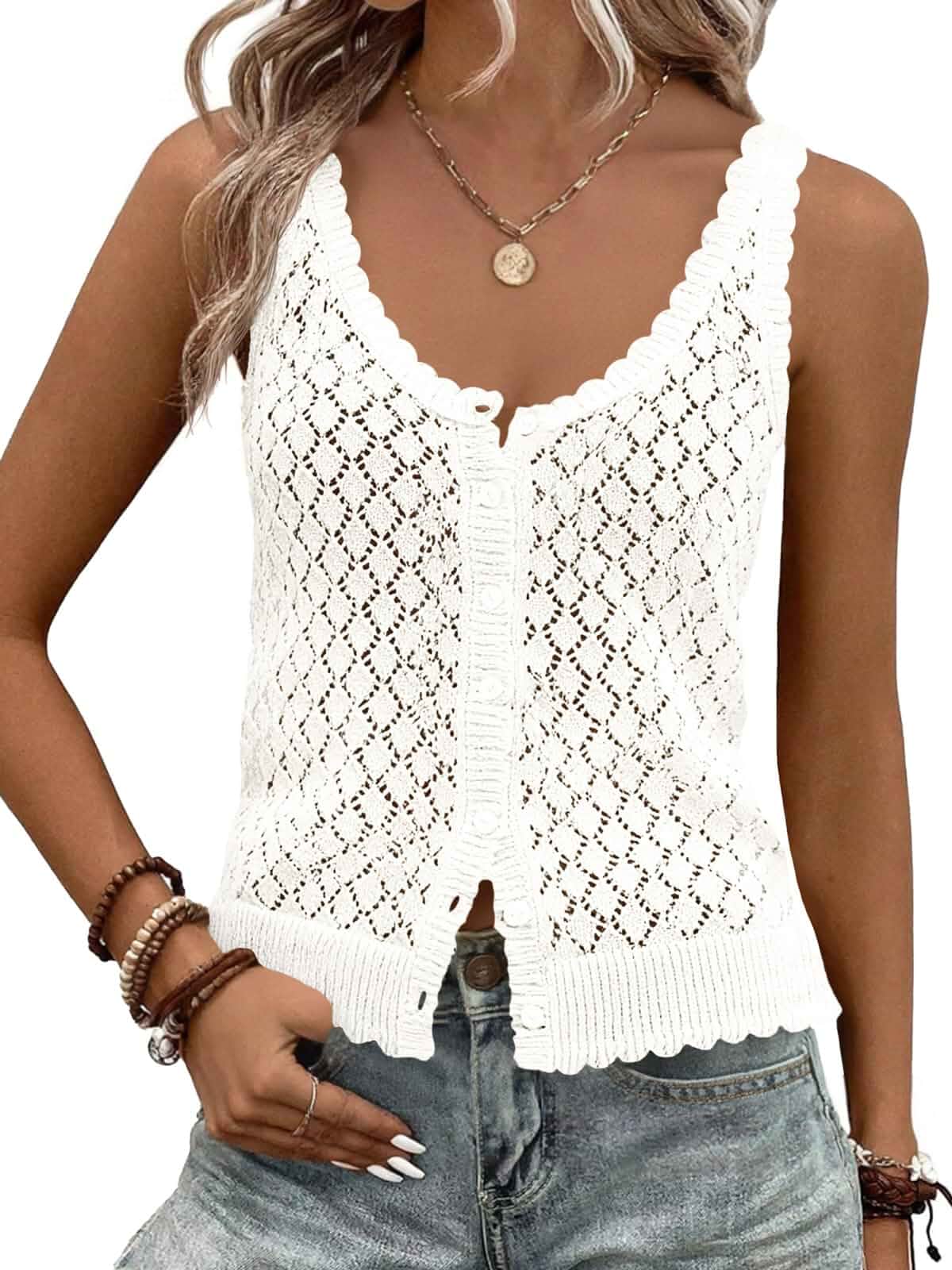 Fisoew Womens Sweater Tank Tops Summer Sleeveless Crochet Cardigan Button Down Boho Knit Going Out Vest Tops Sleeveless