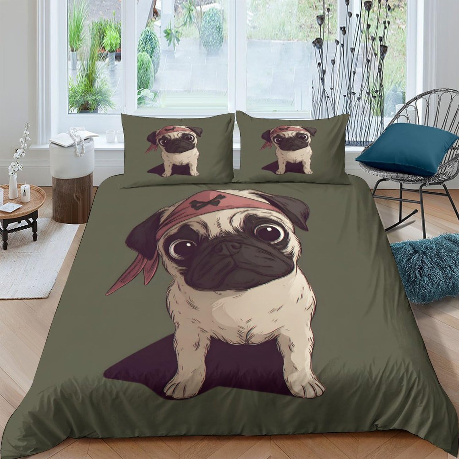 GPLZQXKJNH 3D Printed Cartoon Pug Dog Duvet Cover Microfiber Soft Green Bedding Set with 2 Pillowcases for Bedroom Decor Single（135x200cm）