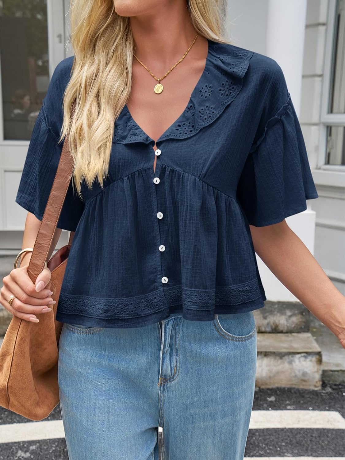 Cicy Bell Womens Cropped Babydoll Tops Summer Eyelet V Neck Short Sleeve Cute Blouses Ruffle Shirts - Image 2