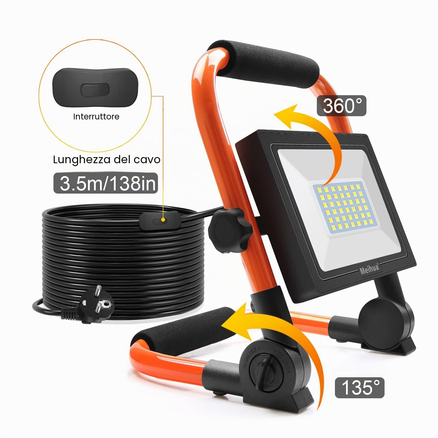 MEIHUA 60W Faretto LED da Cantiere, Lampada da Lavoro Portatile 5200LM 6500K, Rotazione 360° con Staffa Pieghevole, Faro LED da Costruzione Impermeabile IP66 per Officina, Esterni, Garage