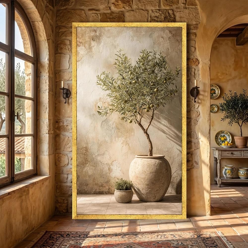 LTjiajuypd Rustic Olive Tree Canvas Wall Art Plant Decor Neutral-Toned Vase Nature Botanical Home(40X80cm)