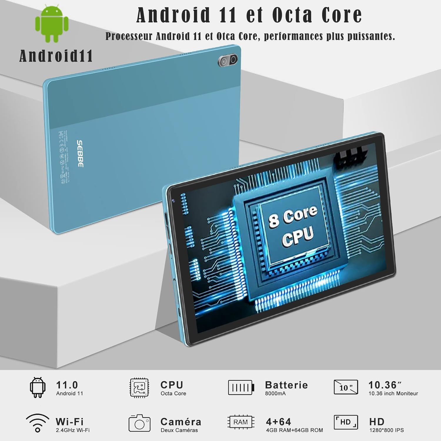 Tablet 10.36 Pulgadas Pantalla 64GB ROM + TF 1TB, Tableta Octa-Core 2.0 GHz / 8000 mAh / 8MP+5MP Macro/ 1340 * 800 Pixels / 5G WiFi/GPS, Tablet Funda Protectora - Azul