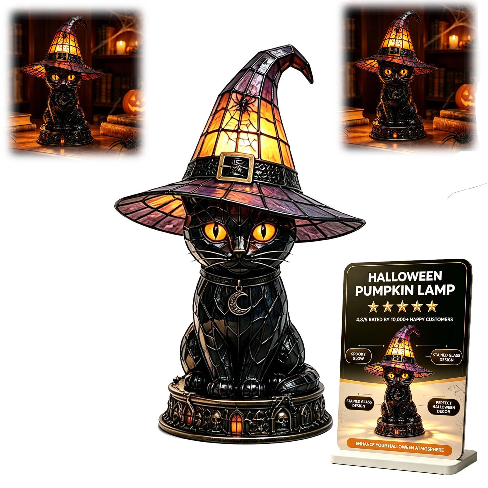 Stained Glass Halloween Pumpkin Table Lamp, Jack-O-Lantern Night Light, USB Powered Witch Hat Accent, Pumpkin Lantern Night Light, Vintage Gothic Desktop Ornament (D)