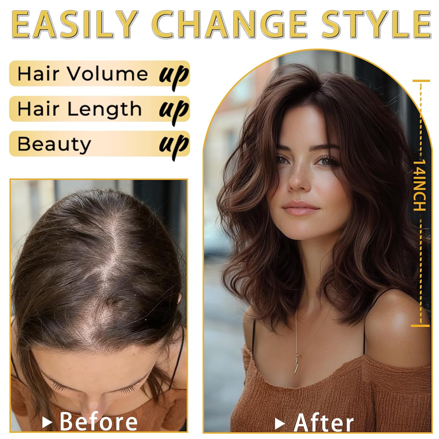 TYQ Hair Toppers for Women with Thinning Hair,14 Inch 360° 3D Synthetic Curly Wavy Side Part Clip in Bangs(Brown Black)