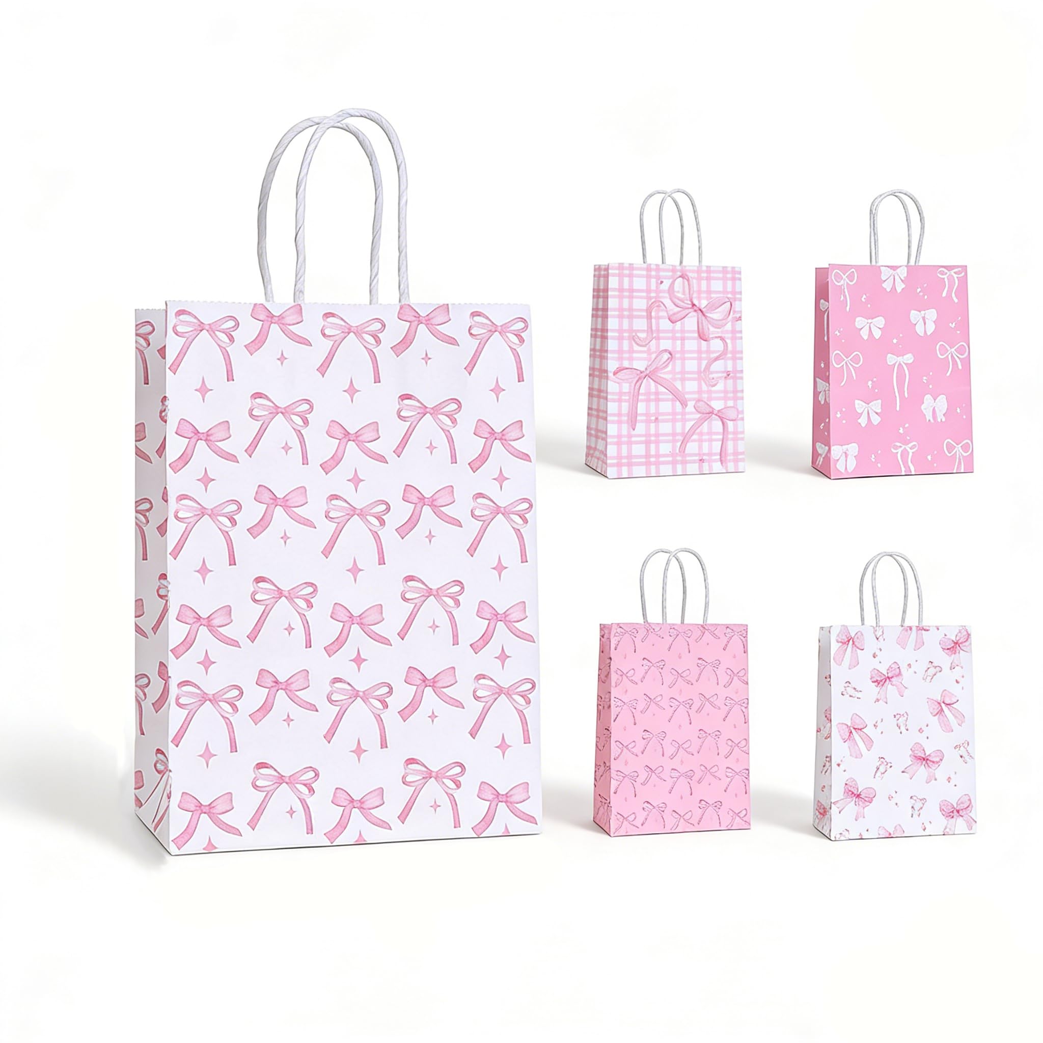10 Pcs Pink Ribbon Bow Gift Bags with Handles, Gift Bags with Ribbons, 24 Envelopes, 2 Sticker Sheets & 1 Ribbon Roll for Coquette-Style Birthday Party Favors, Baby Shower, Wedding, Girls Tea Party, Cute Pink Goodie Bag Bulk for Treats and Gifts