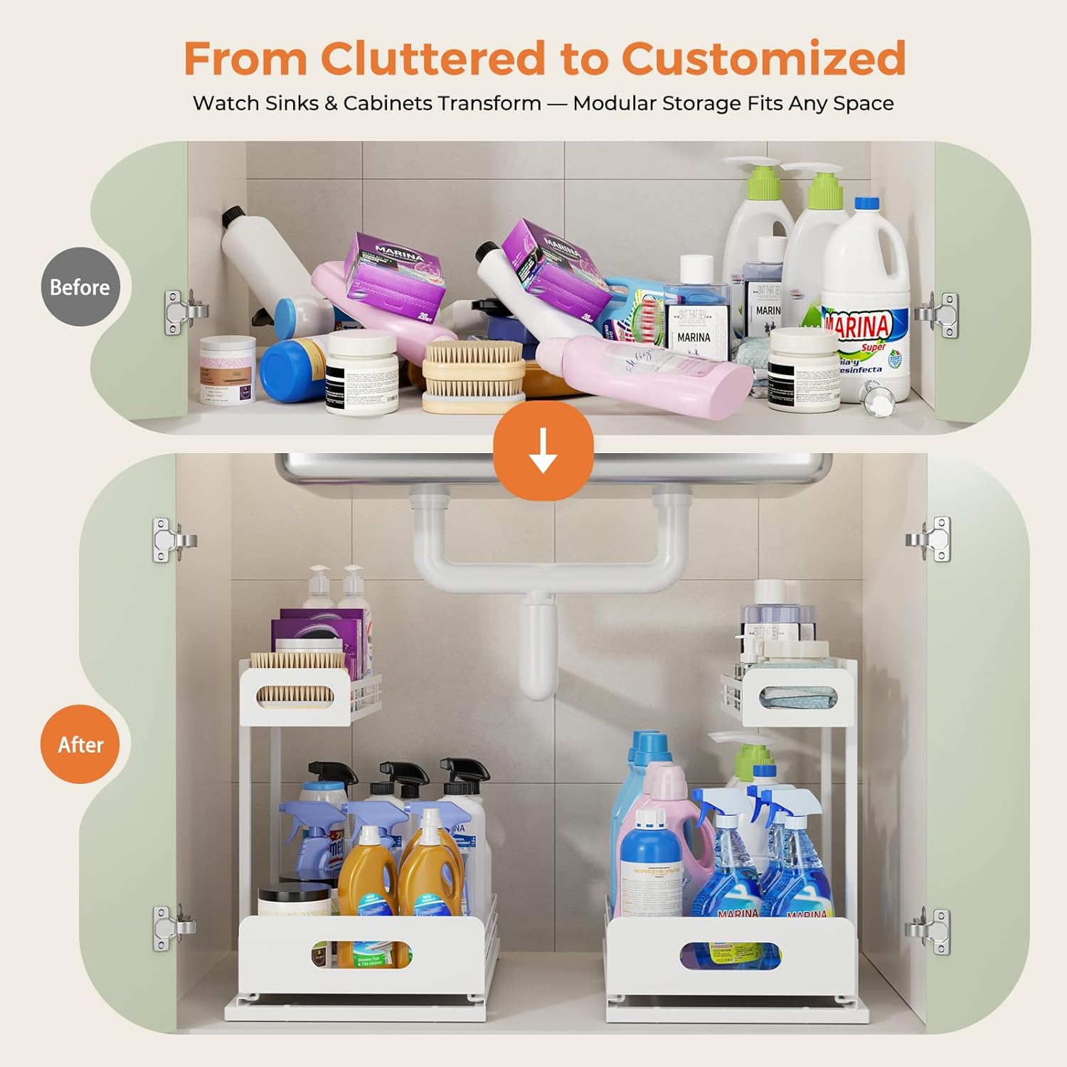 Delamu 2 Pack Metal Bathroom Organizers and Storage, 2 Tier Pull Out Under Sink Organizer for Kitchen Bathroom, Adjustable Under Sink Shelf for Multipurpose Cabinet Organizer, White