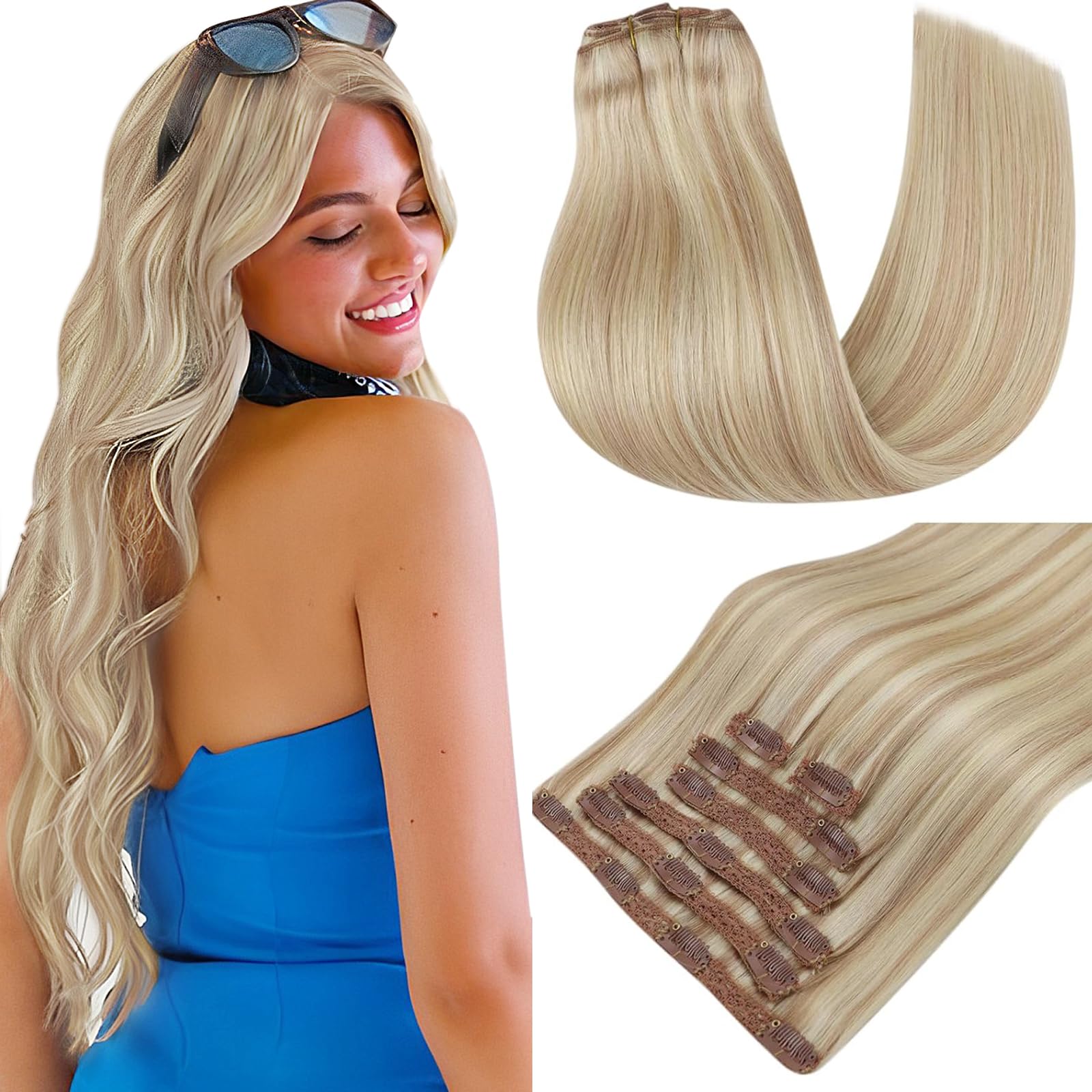 RUNATURE Extensiones Pelo Humano Clip Extensiones de Clip de Pelo Natural Remy Cabello Humano Rubio Ceniza con Rubio Platino Double Weft Clip Extensiones 12 Pulgadas/30cm 7 Piezas 80g #18P60