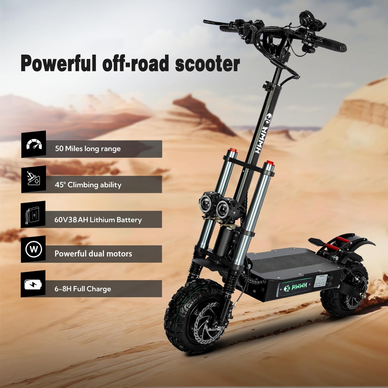 HWWH Monopattino Elettrico Adulti Sterrato Potente Scooter Elettrico Per Adulto Doppio Motore Pneumatico Tubeless Fuoristrada da 11 pollici Batteria al Litio 60V 40Ah Doppia Sospensione Carico 200 kg