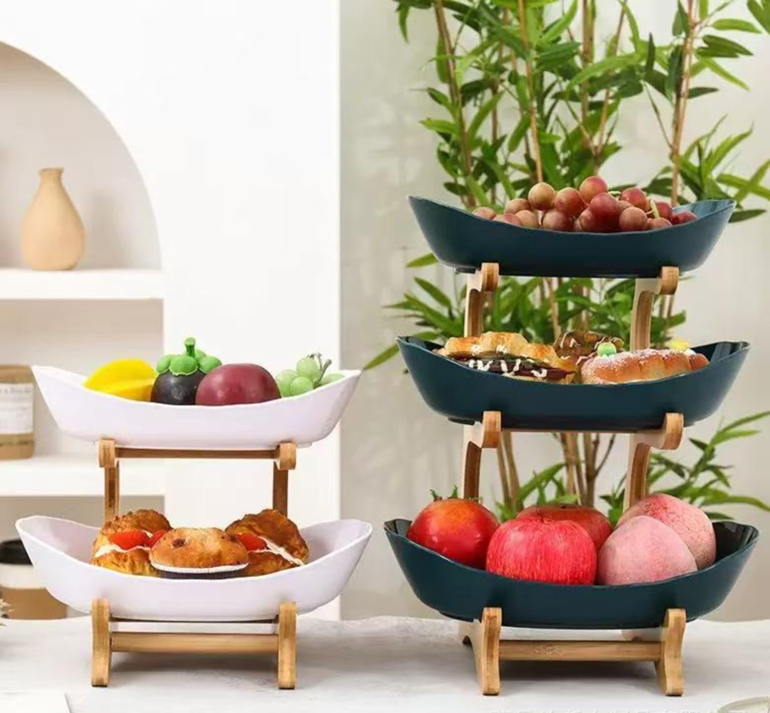 Frutta Alzatina 2 ripiani Frutta Ciotol - Cestino Portafrutta in Plastica Resistente con Supporto in Bambù, Fruttiera a 2 Livelli, Vassoio per Frutta, Verdura, Snack, Caramelle e Organizzazione Cucina