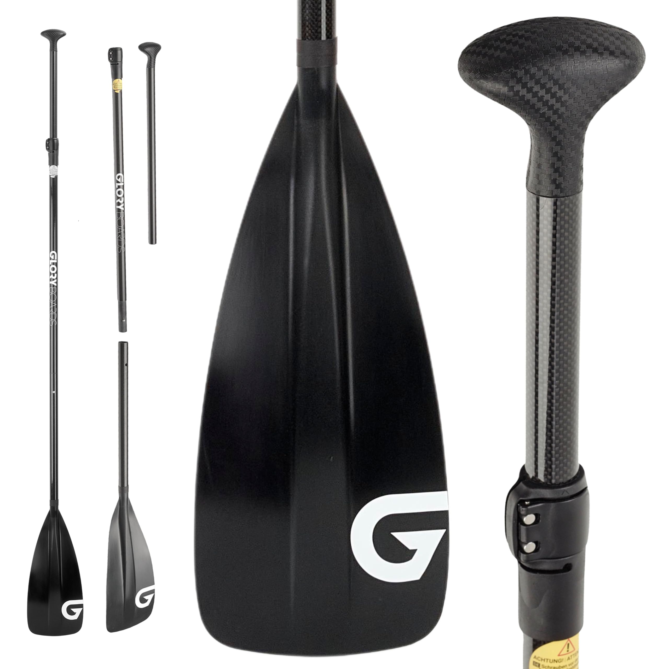 Glory Boards® Carbon Paddel für SUP– nur 800g - Leichter Carbonschaft – Robustes Nylonblatt -3 Teiliges Paddel – ideal für Stand up Paddler– Länge flexibel einstellbar