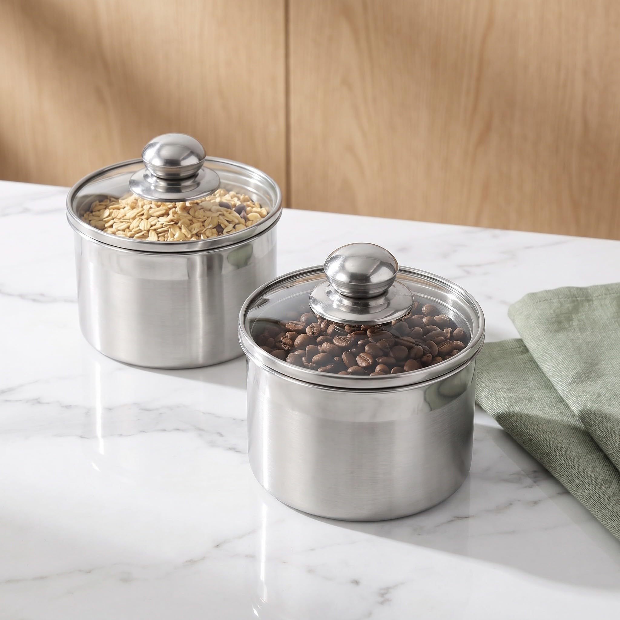 2 botes de cocina de acero inoxidable con tapa de vidrio, 700 ml/24