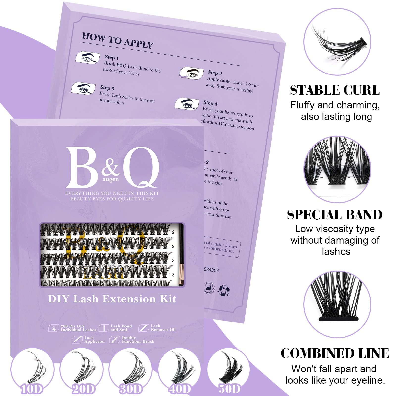 B&Q DIY Eyelash Extension Kit 280 PCS Cluster Lashes Kit D 9-16MIX Diy Lash Extensions Kit with Lash Bond and Seal Lash Remover Lash Applicators for Lash Clusters Lash Kit (Kit-40D-D Curl 9-16mm) - Image 4