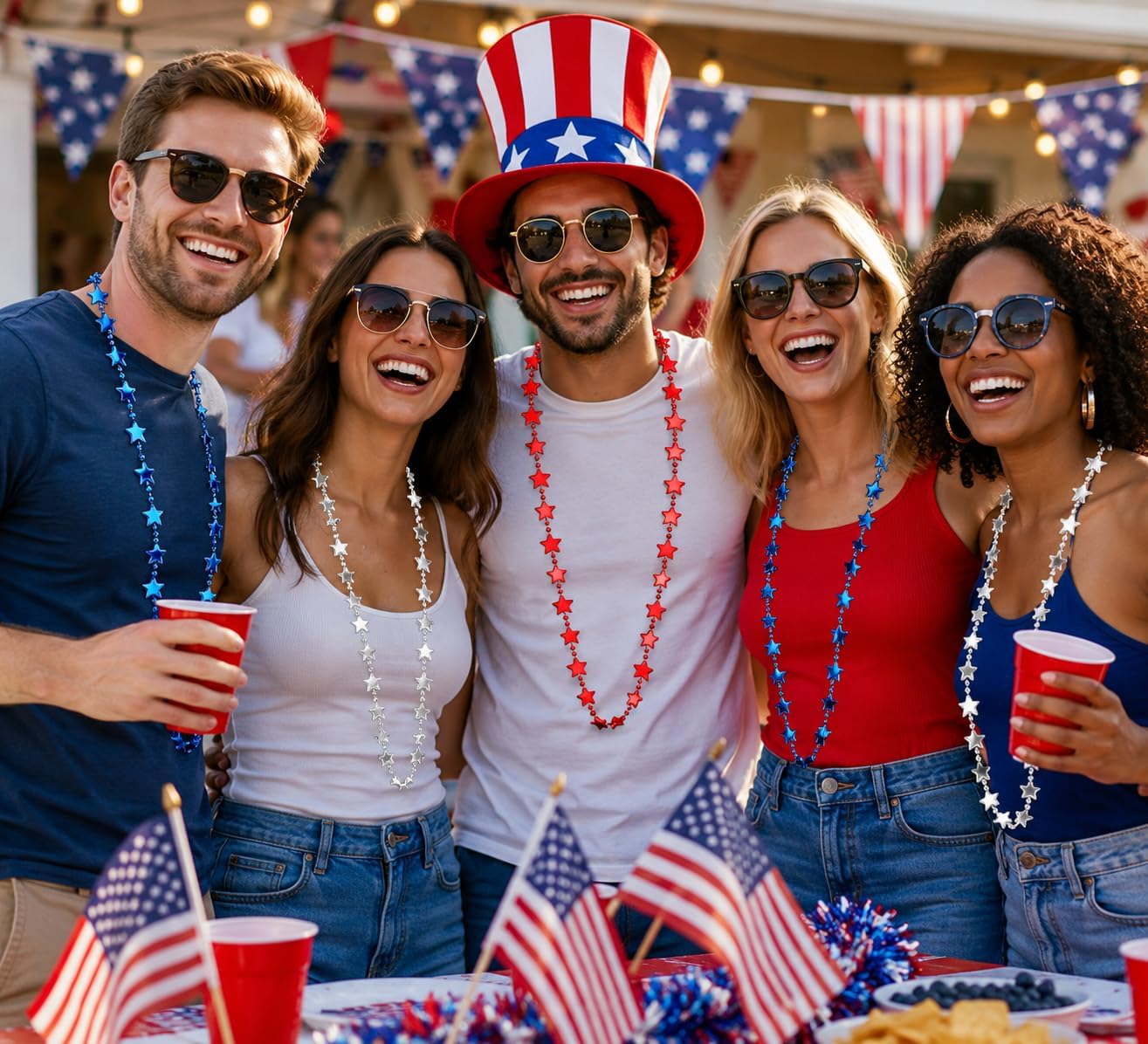 4E's Novelty 72 Patriotic Beads Necklaces for Adults (72 Pack) Bulk Star Shaped. 4th of July Party Favors for Men Women, Red White Blue Beads for Fourth of July Parade Outfit Accessories