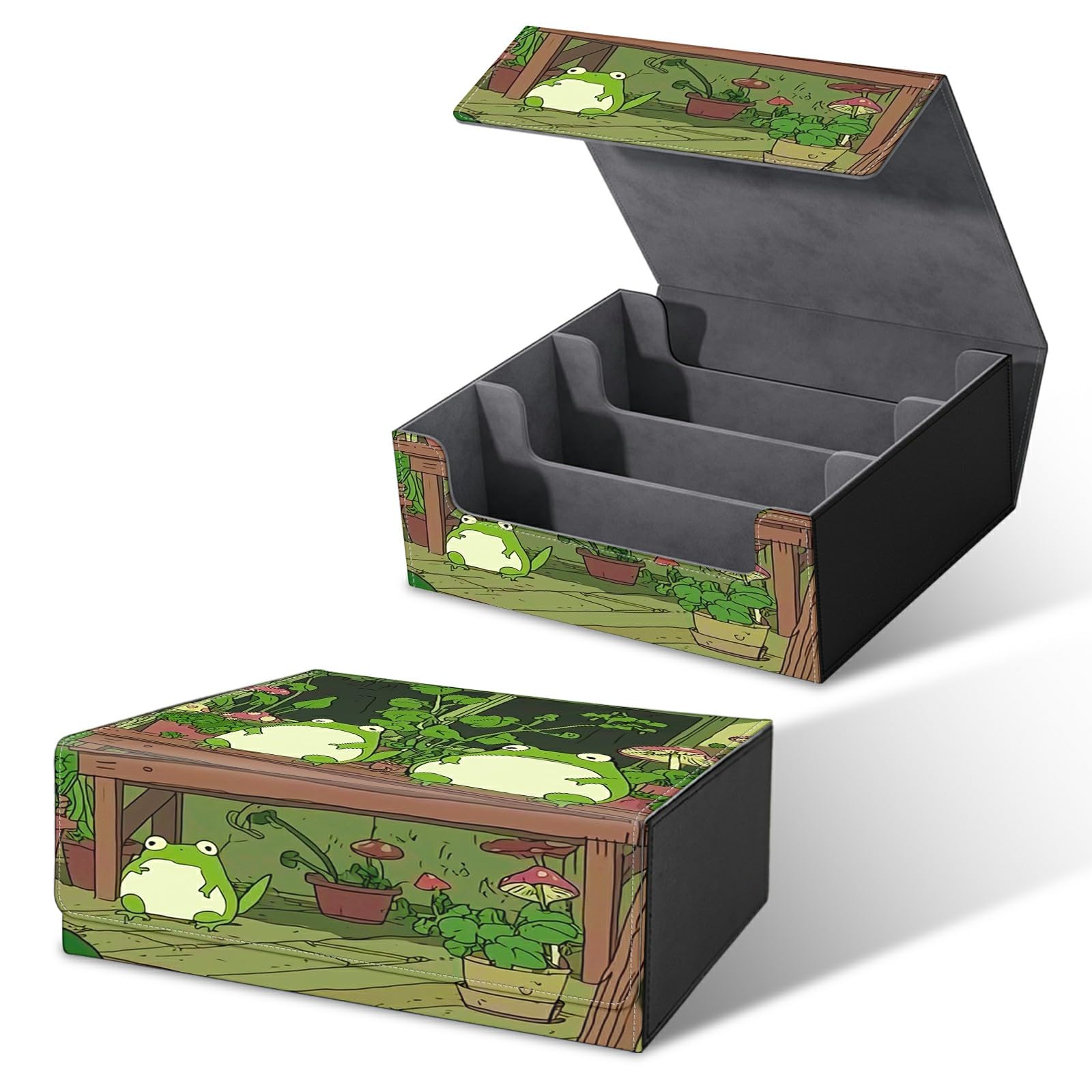 RWUTYTIUL Card Deck Box for MTG, Cards Storage Box Fits 120+ Sleeved, Leather Big Size Strong Magnetic Closing Case for Board Games Magic TCG CCG Baseball Collection Women Man, Green Frog Flower
