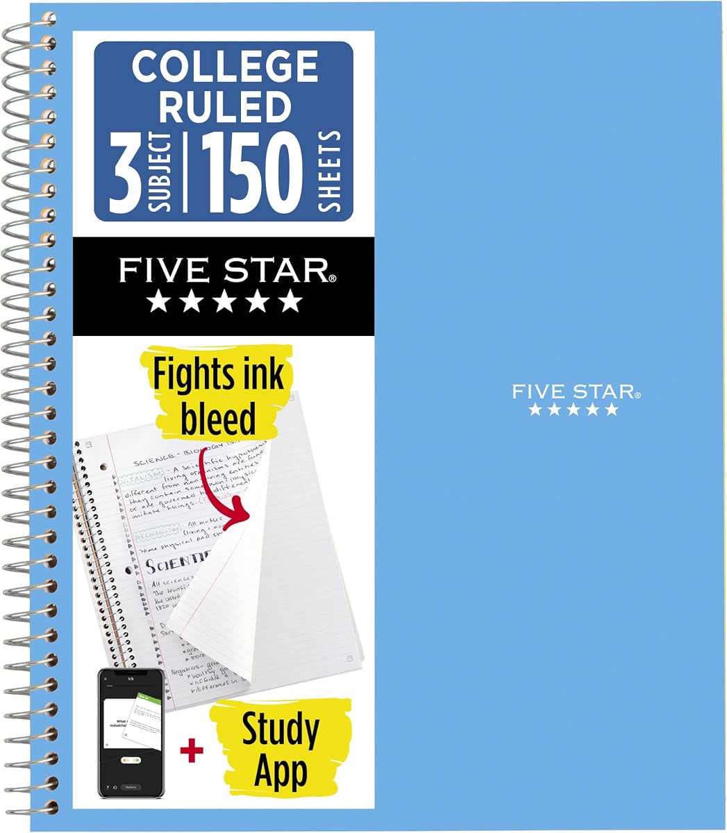 Five Star Spiral Notebook + Study App, 3 Subject, College Ruled Paper, 8.5" x 11", 150 Sheets, Blue (Color May Vary) (820003NH0)