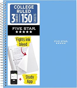 Five Star Spiral Notebook + Study App, 3 Subject, College Ruled Paper, Fights Ink Bleed, Water Resistant Cover, 8-1/2" x 11", 150 Sheets, Blue (73623)