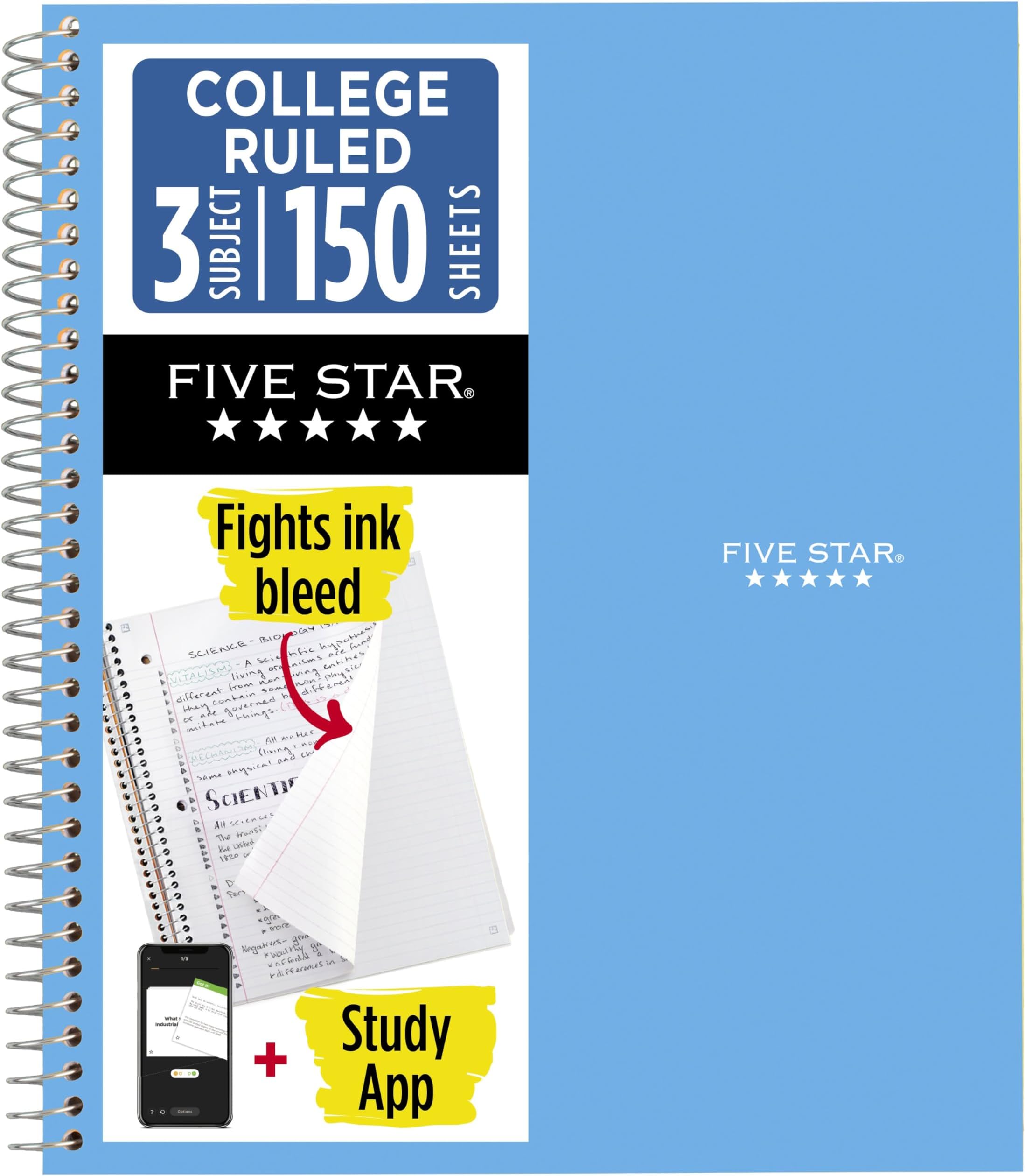 Spiral Notebook + Study App, 3 Subject, College Ruled Paper, 8.5" x 11", 150 Sheets, Blue (Color May Vary) (820003NH0)