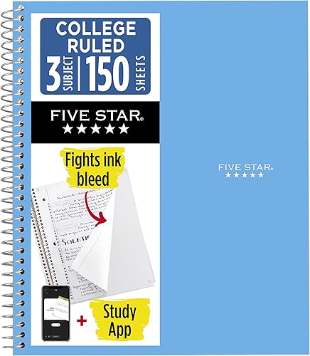 Five Star Spiral Notebook + Study App, 3 Subject, College Ruled Paper, 8.5" x 11