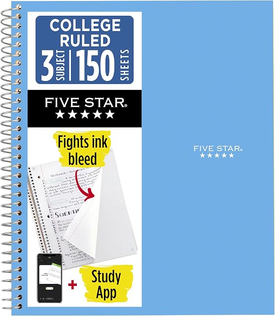 Five Star Spiral Notebook + Study App, 3 Subject, College Ruled Paper, Fights Ink Bleed, Water Resistant Cover, 8-1/2" x 11", 150 Sheets, Blue (73623)