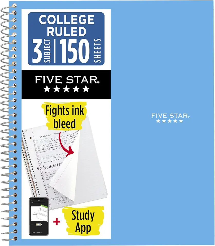 Five Star Caderno espiral + aplicativo de estudo, 3 matérias, papel pautado universitário, 21 cm x 28 cm, 150 folhas, combate o sangramento de tinta, capa resistente à água, azul pacífico (73623)