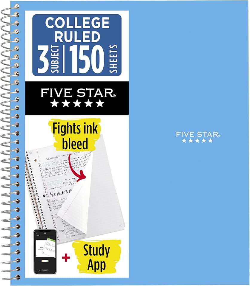 Five Star Caderno espiral + aplicativo de estudo, 3 matérias, papel pautado universitário, 21 cm x 28 cm, 150 folhas, combate o sangramento de tinta, capa resistente à água, azul pacífico (73623)
