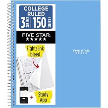 Five Star Spiral Notebook + Study App, 3 Subject, College Ruled Paper, 8.5" x 11", 150 Sheets, Blue (Color May Vary) (820003NH0)