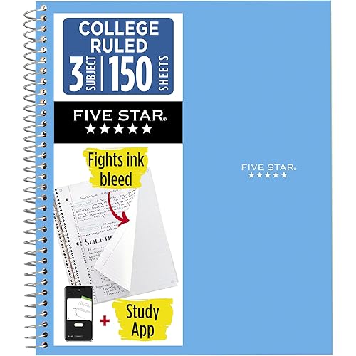 Five Star Spiral Notebook + Study App, 3 Subject, College Ruled Paper, 8.5" x 11", 150 Sheets, Blue (Color May Vary) (820003NH0)