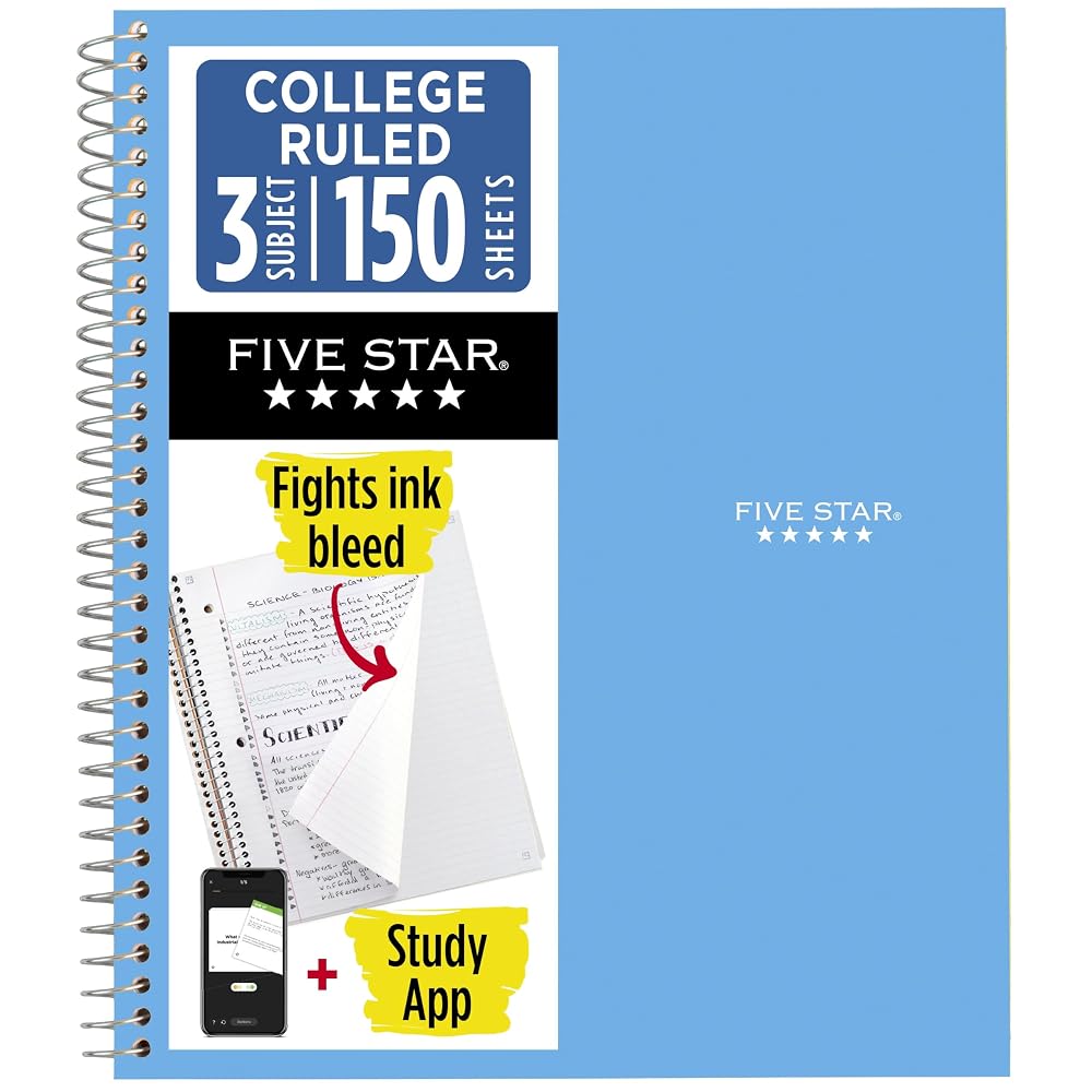 Five Star Spiral Notebook + Study App, 3 Subject, College Ruled Paper, 8.5" x 11", 150 Sheets, Blue (Color May Vary) (820003NH0)