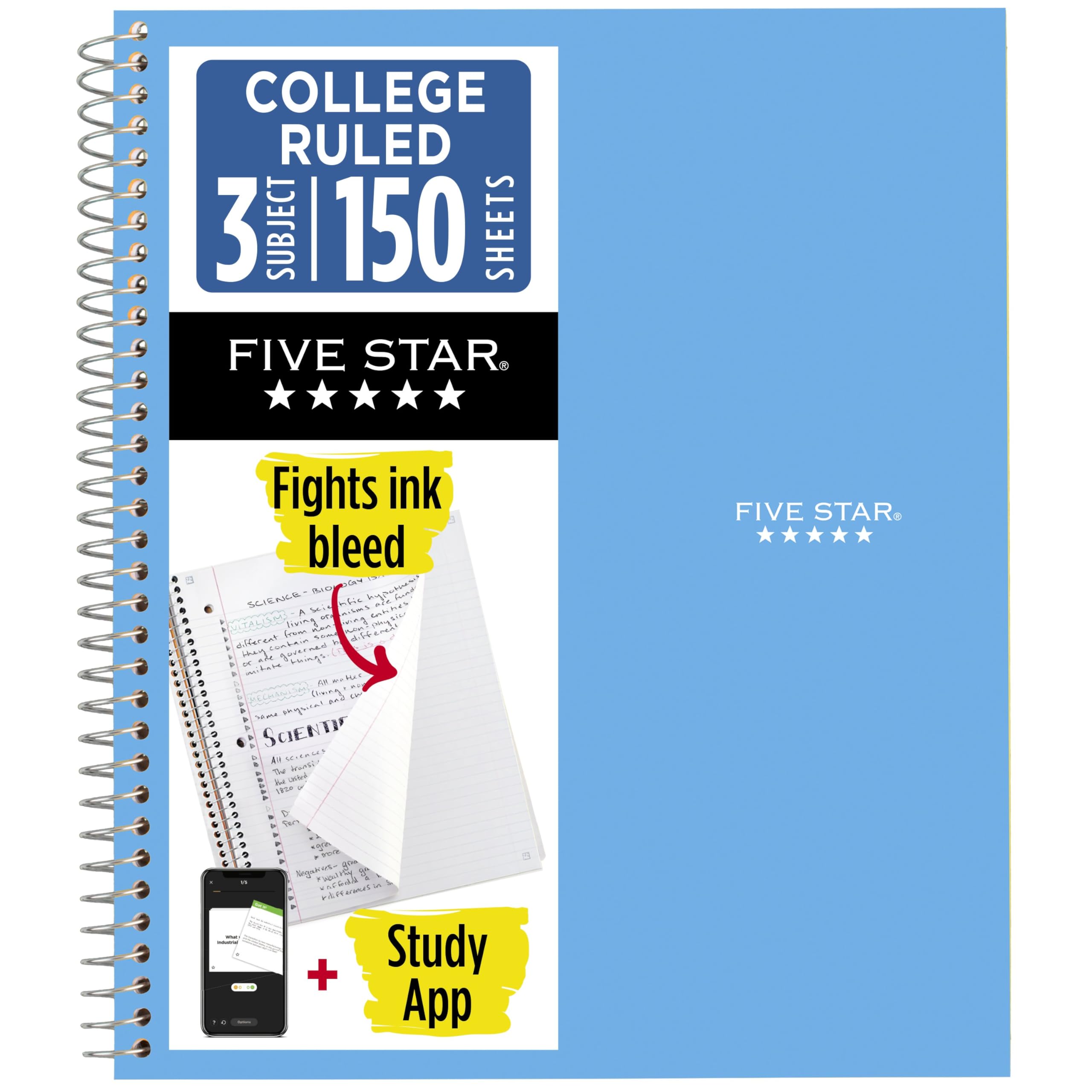 Five Star Spiral Notebook + Study App, 3 Subject, College Ruled Paper, 8.5" x 11", 150 Sheets, Blue (Color May Vary) (820003NH0)