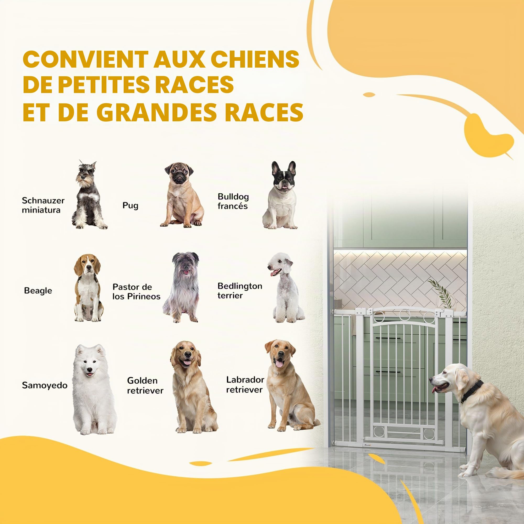 PawHut Barrière de sécurité pour Chiens Double Verrouillage 105cm Blanc