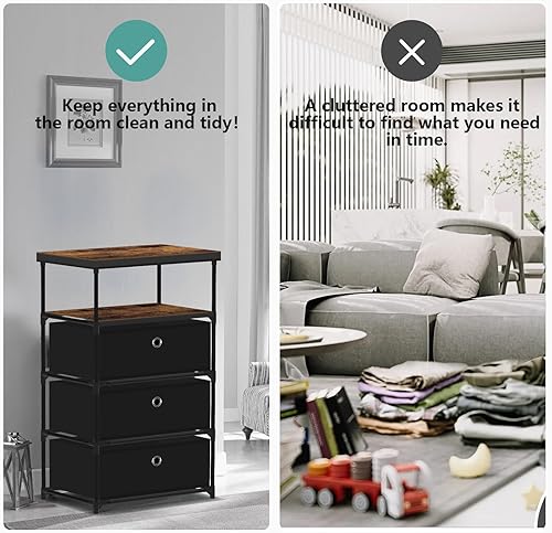 Miniatura 5 de VASICAR Mesita de noche de 3 cajones con estantes, cómoda de tela pequeña, mesa de lado, organizador de armario, unidad de torre de almacenamiento
