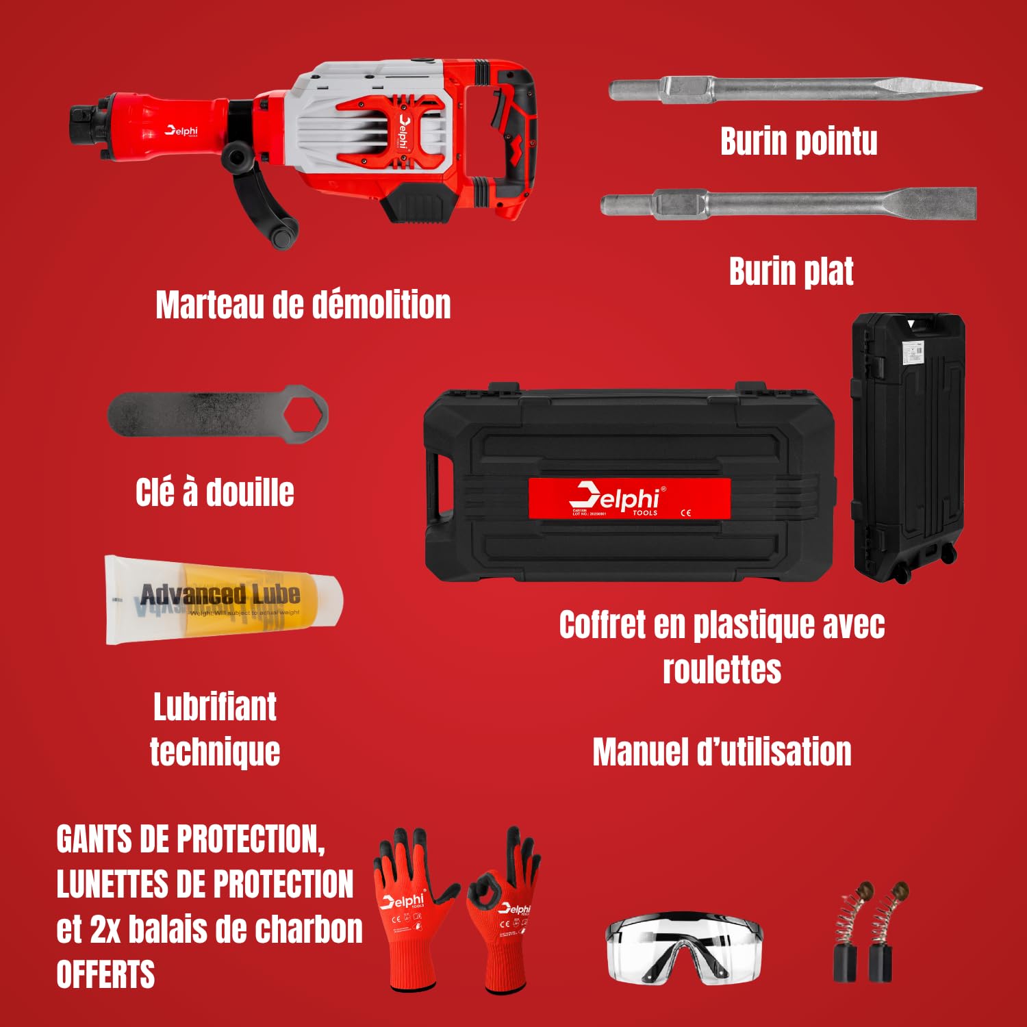 Delphi Marteau Piqueur Électrique 70 J, 1950 RPM, 1600 W (Système Antivibration, HEX30, Coffret à Roulettes + Kit d’Accessoires) - Marteau de Démolition avec 2 Burins et Poignée Réglable