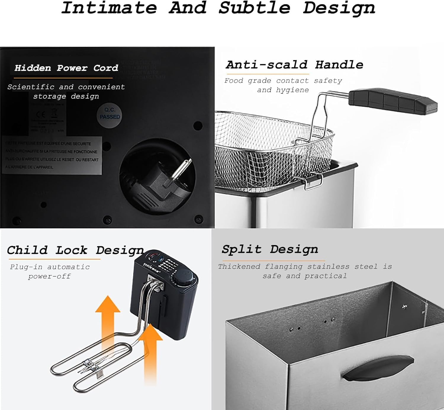 Üksikasjalik view of QYQCXGL Deep Fryer design features: hidden power cord, anti-scald handle, child lock, and split design.