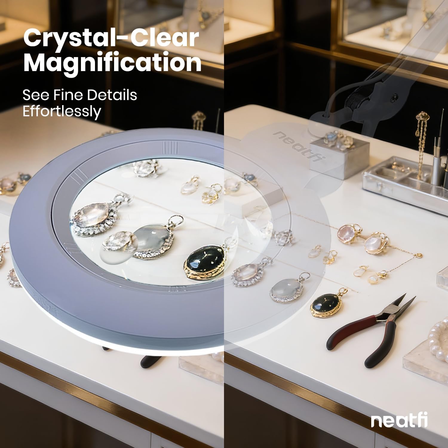 Neatfi XL Bifocal LED Magnifying Lamp, 7” Acrylic Lens, 2.25X/6X Magnification, 1,600 Lumens Dimmable | Adjustable Arm, Hands-Free Close Work | Crafting, Jewelry & Reading (White, with Clamp)