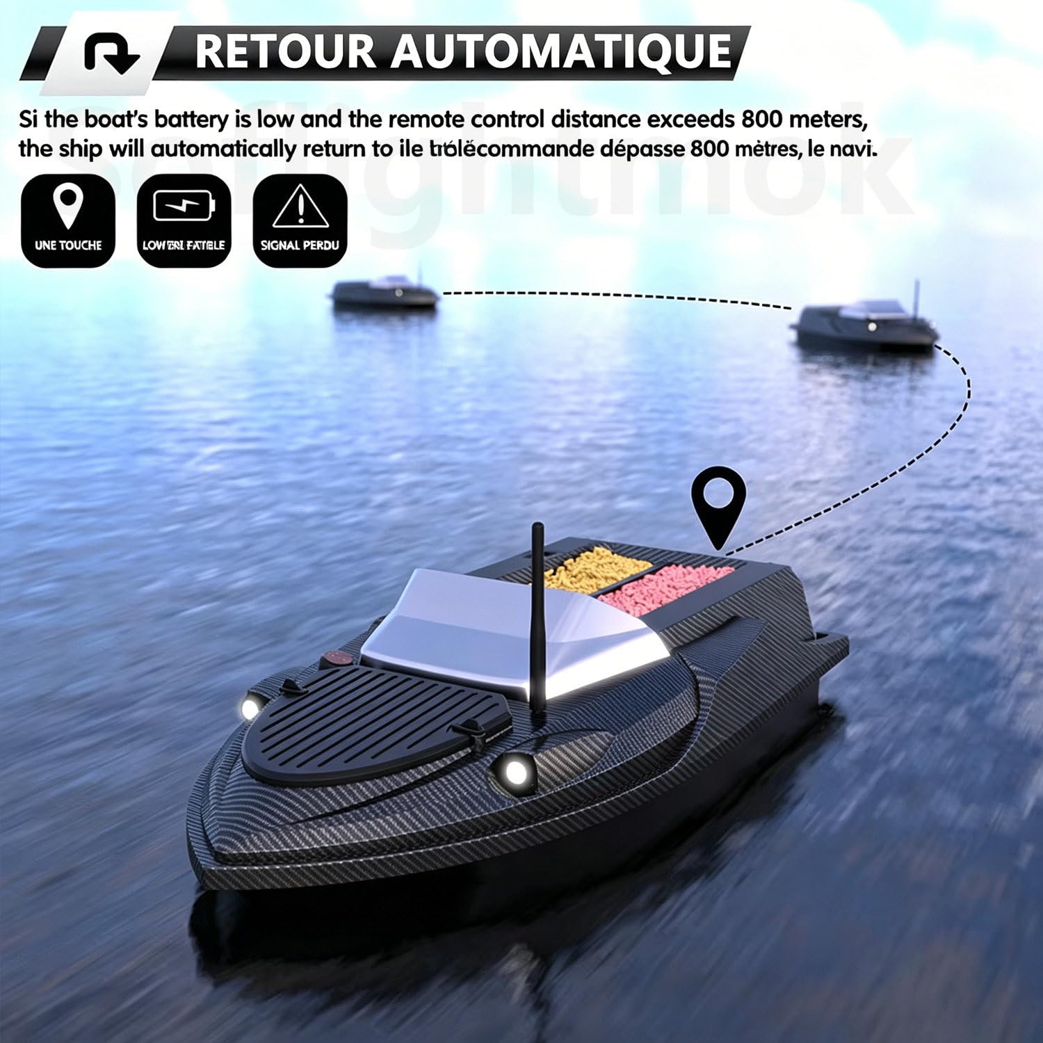 Bateau amorceur GPS echosondeur avec sondeur de pêche + Dual GPS BeiDou, 800 m portée,180 waypoints,largage 3 kg,livraison appâts,pose hameçon,traction filet,kit complet performant pour la pêche