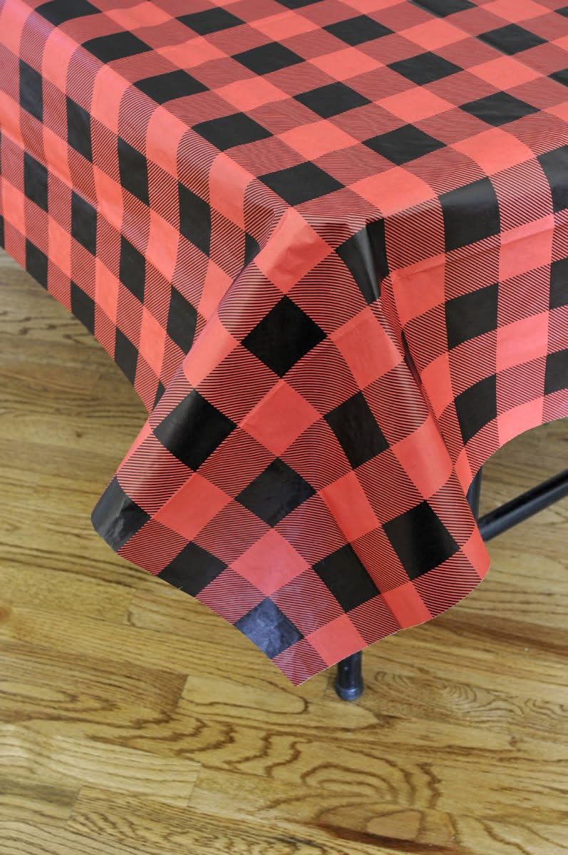 Club Pack Buffalo Plaid Printed Plastic Backed Paper Tablecover 54in by 108in, Box of 12 Paper Tablecovers