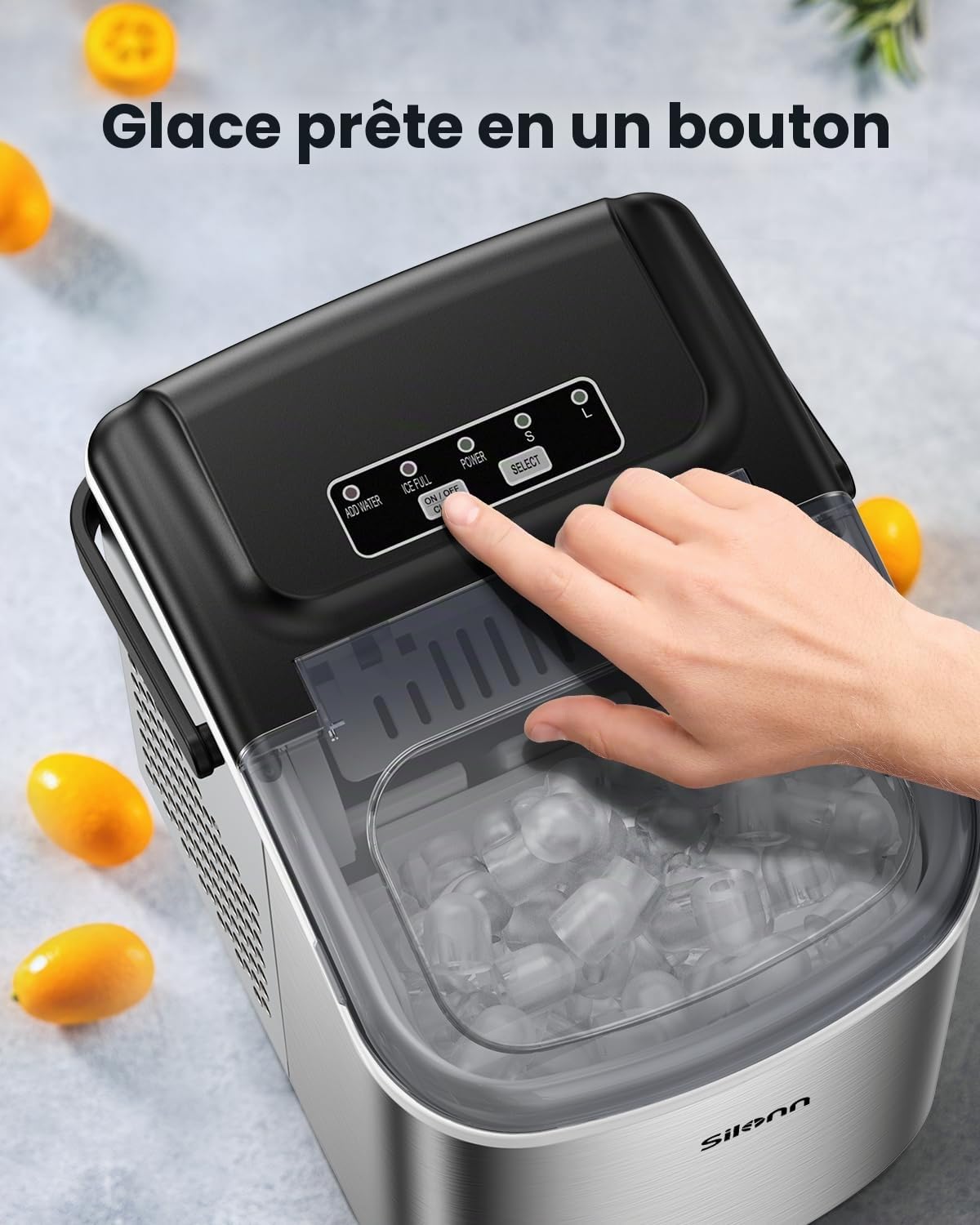Silonn Machine à Glaçons Petite Machine à Glaçons avec Poignée de Transport, 9 Glaçons en Seulement 6 Min., 12 kg de Glace en 24 Heures.Autonettoyante Compacte avec 2 Tailles de Glaces, Idéal pour