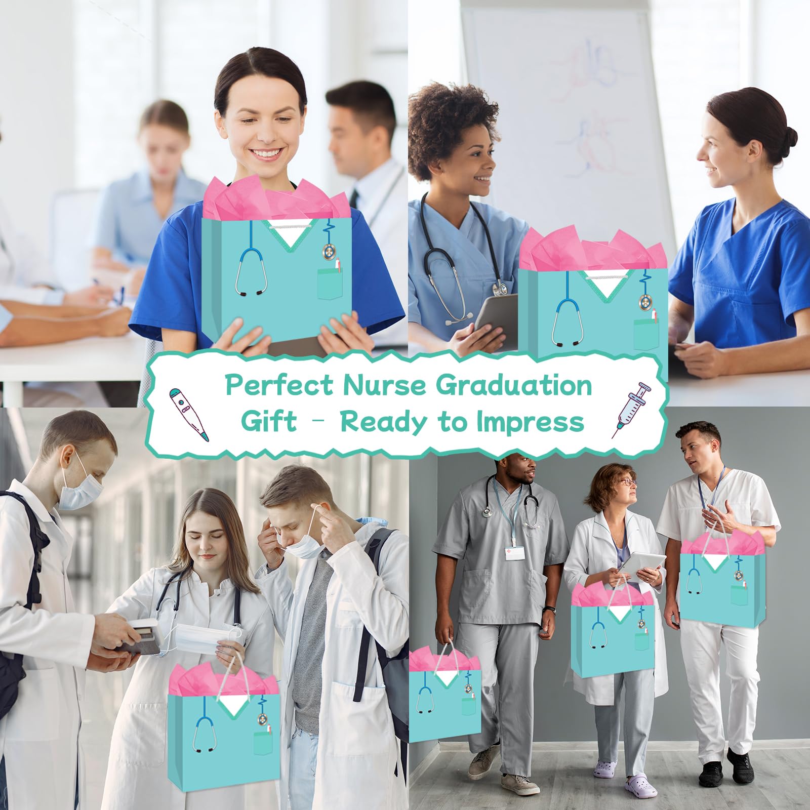 BDDYYI Nurse Graduation Gift Bag with Tissue Paper, 13 Inch Large Congrats Gift Bag for New Nurses, Nursing Students & RN Gift Bag Pinning Ceremony Nurses Week & Healthcare Appreciation Gifts
