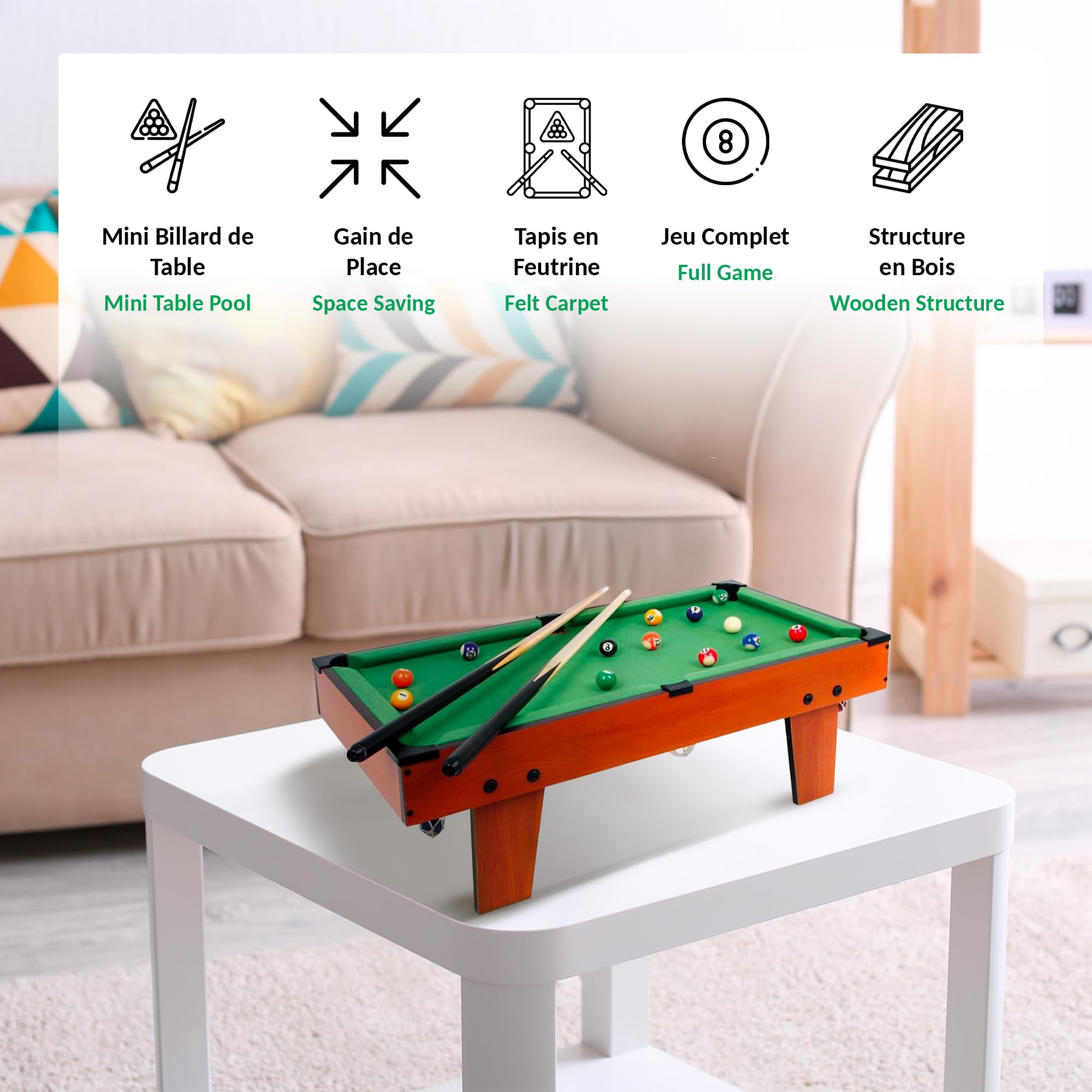 FISHTEC Mini Billard de Table Complet avec Accessoires - Conception en Bois MDF et Tapis en Feutrine Vert - Idéal pour s'amuser en Famille ou Entre Amis - Format Compact 69 x 35 x 17 cm