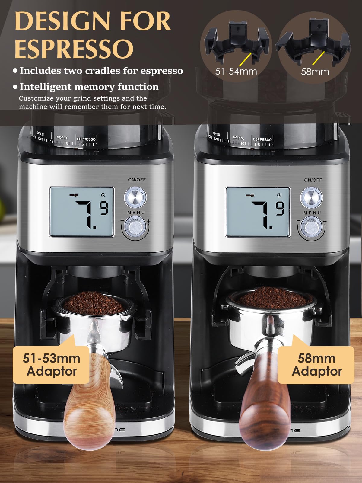 Homtone Kaffeemühle Elektrische für Siebträger, 51 einstellbare Mahlgrade von Espresso bis French Press, Edelstahl-Kegelmahlwerk, Antistatik-Einsatz, LCD-Bildschirm, 165 W (Silber)