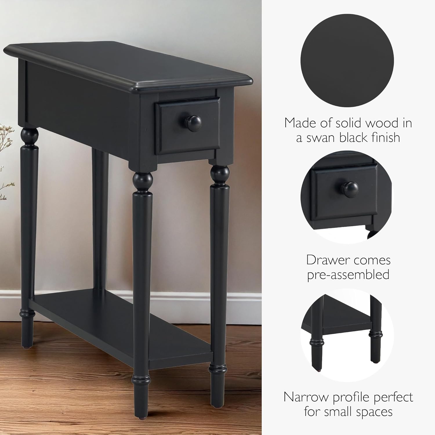 Coastal Solid Wood Narrow End Table with Drawer, Swan Black, Perfect for Living Rooms, Bedrooms, and Offices – Leick Home, 20017-BK