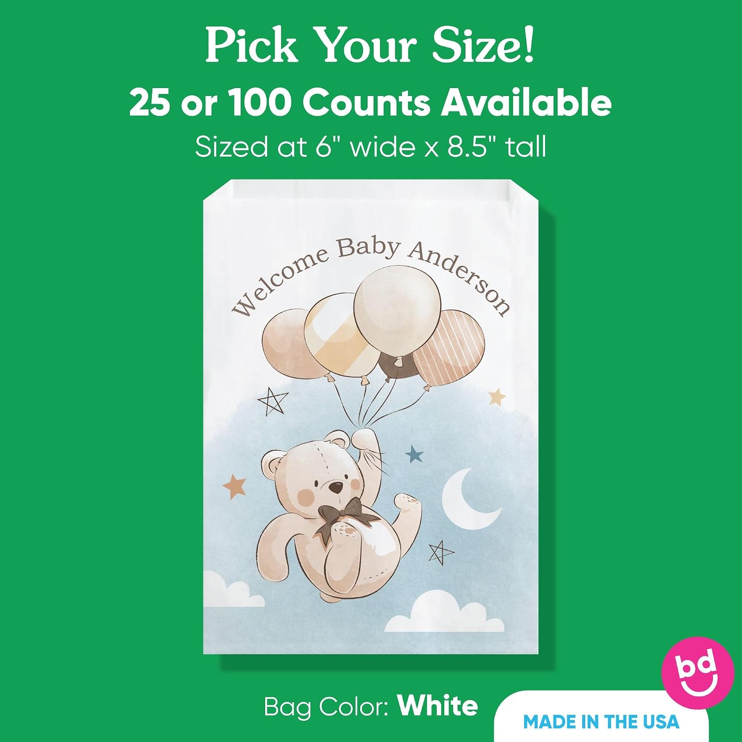 Big Dot of Happiness Personalized We Can Bearly Wait Paper Treat Bags, Custom Teddy Bear Baby Shower Individual Candy Snack Favors, Greaseproof White Sandwich Cookie Bags - 25 Count