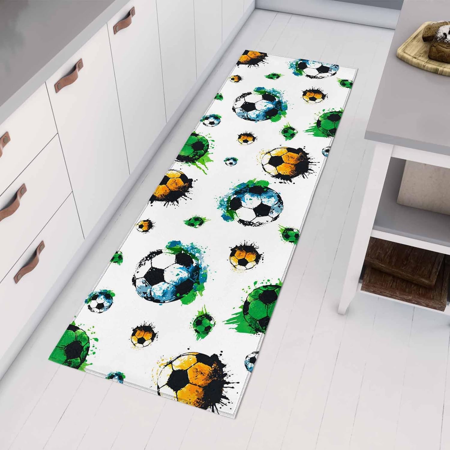 Kitchen Mats for Floor Abstract Watercolor Football Ombre Washable Non Slip Kitchen Rugs 1PCS, Colorful Balls Sport Theme Absorbent Standing Mats for Sink Bathroom Office Living Room 15.7x47.2in