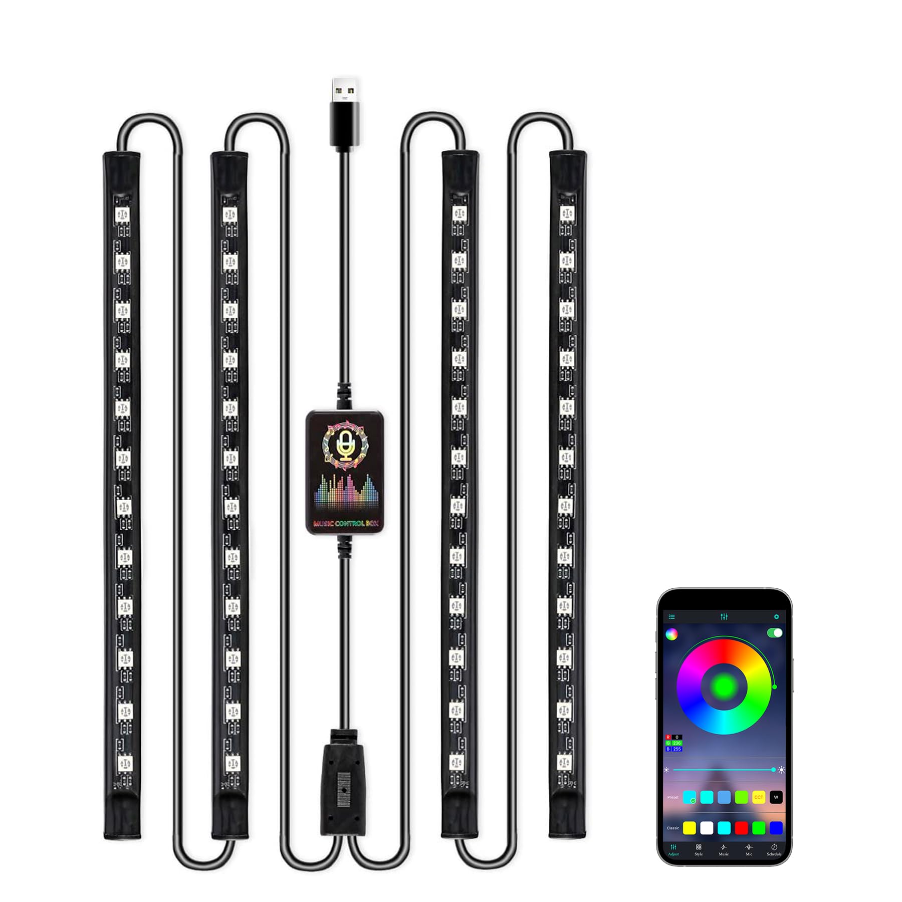 Smart RGB LED Interior Lights, 2 Lines Design with USB Port, App Control, Music Mode and DIY Mode, Car Accessories Gifts for Women Men